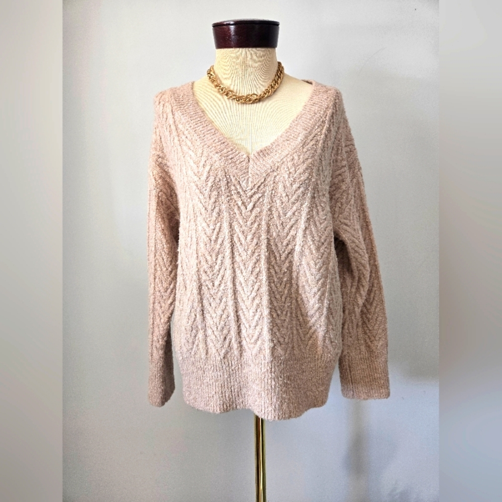 Jason Wu Cable Knit V Neck Sand Sweater. Size Medium